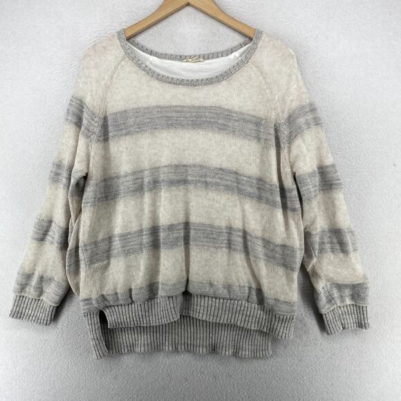 EILEEN FISHER Sweater L Organic Cotton Striped Jersey Lined Hi-Low Pullover Gray - Picture 1 of 14